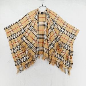 V. FRAAS Plaid Fringe-Trim Poncho in Beige/Red/Black Checkered Pattern P1710